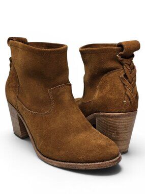 Soludos Suede Booties Women's Western Style Braided Back Tan Chunky Heel 6.5